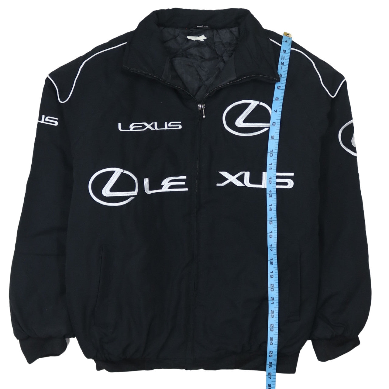 Chaqueta Nascar Lexus negra para hombre talla Large con logos bordados, cremallera frontal y bolsillos Bomber