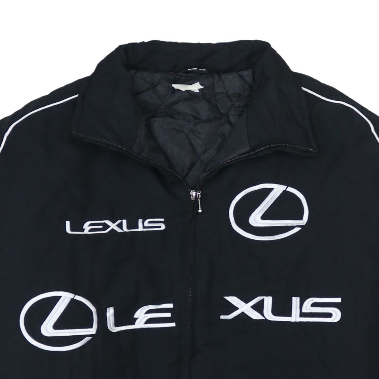 Chaqueta Nascar Lexus negra para hombre talla Large con logos bordados, cremallera frontal y bolsillos Bomber