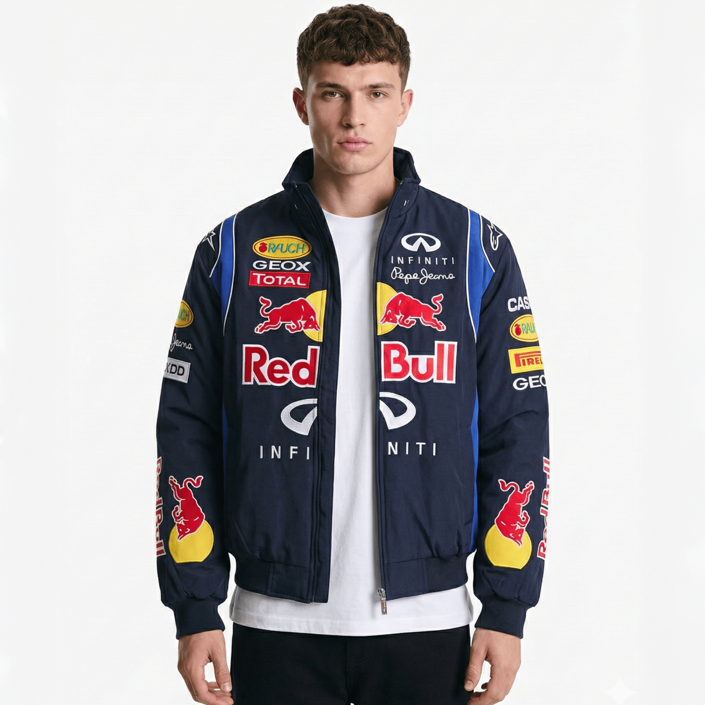 Chaqueta del Equipo de Carreras Red Bull Racing F1 – Bomber azul marino Motorsport con patrocinadores bordados