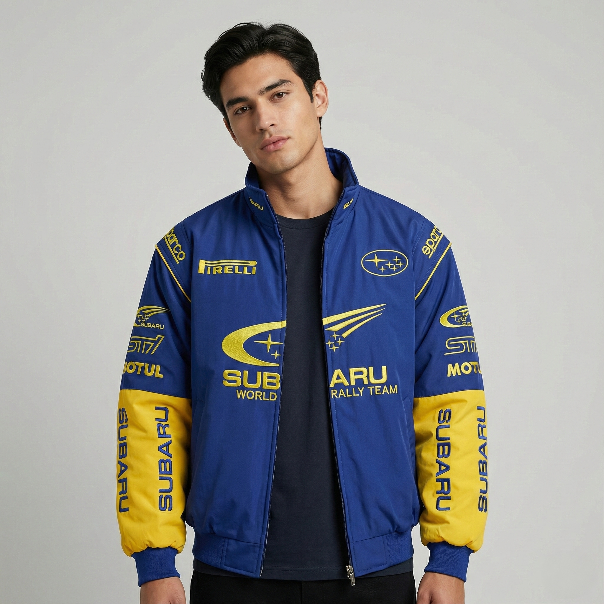 Chaqueta del Equipo de Rally Mundial Subaru – Abrigo con cremallera azul y amarillo Motorsport