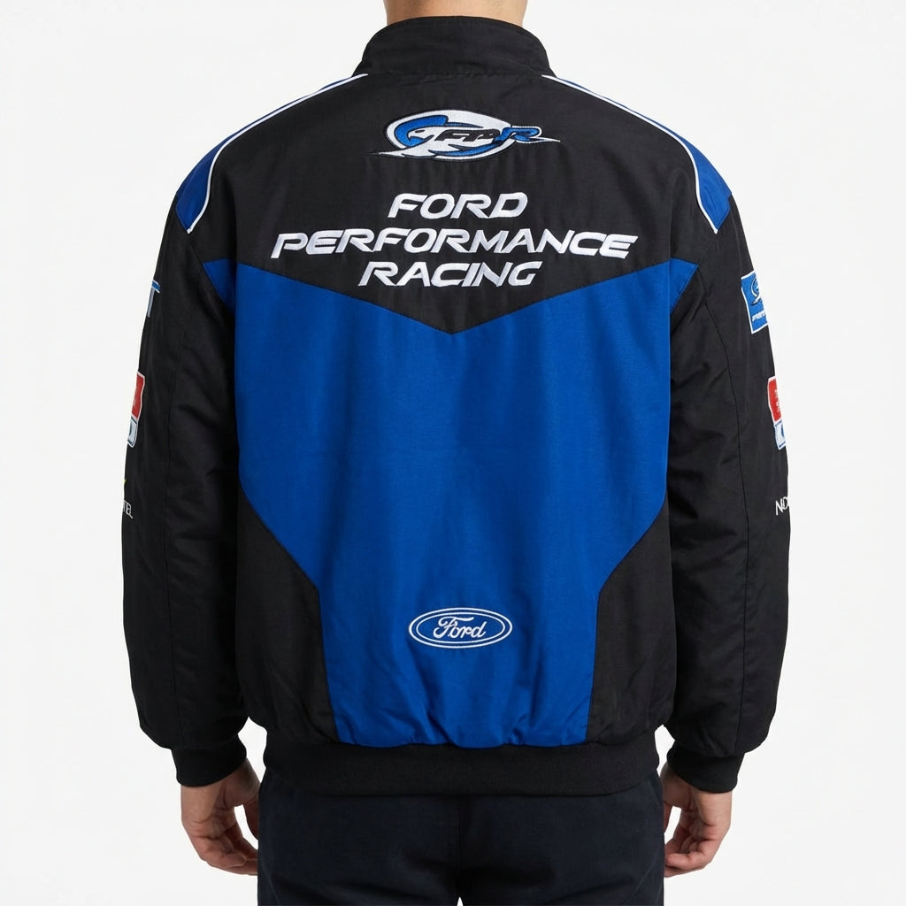 Chaqueta de Carreras Ford Performance bordada negra/azul | Prenda exterior del equipo Motorsport con cremallera frontal
