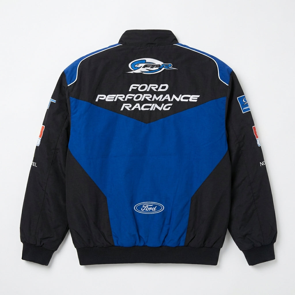Chaqueta de Carreras Ford Performance bordada negra/azul | Prenda exterior del equipo Motorsport con cremallera frontal