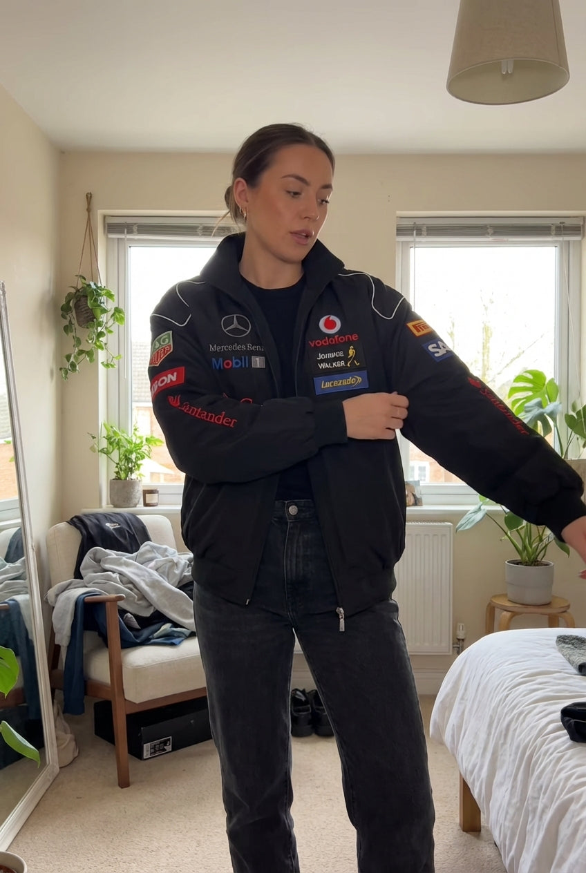 Chaqueta de Carreras Mercedes-Benz negra | Cremallera completa con cuello alto Motorsport