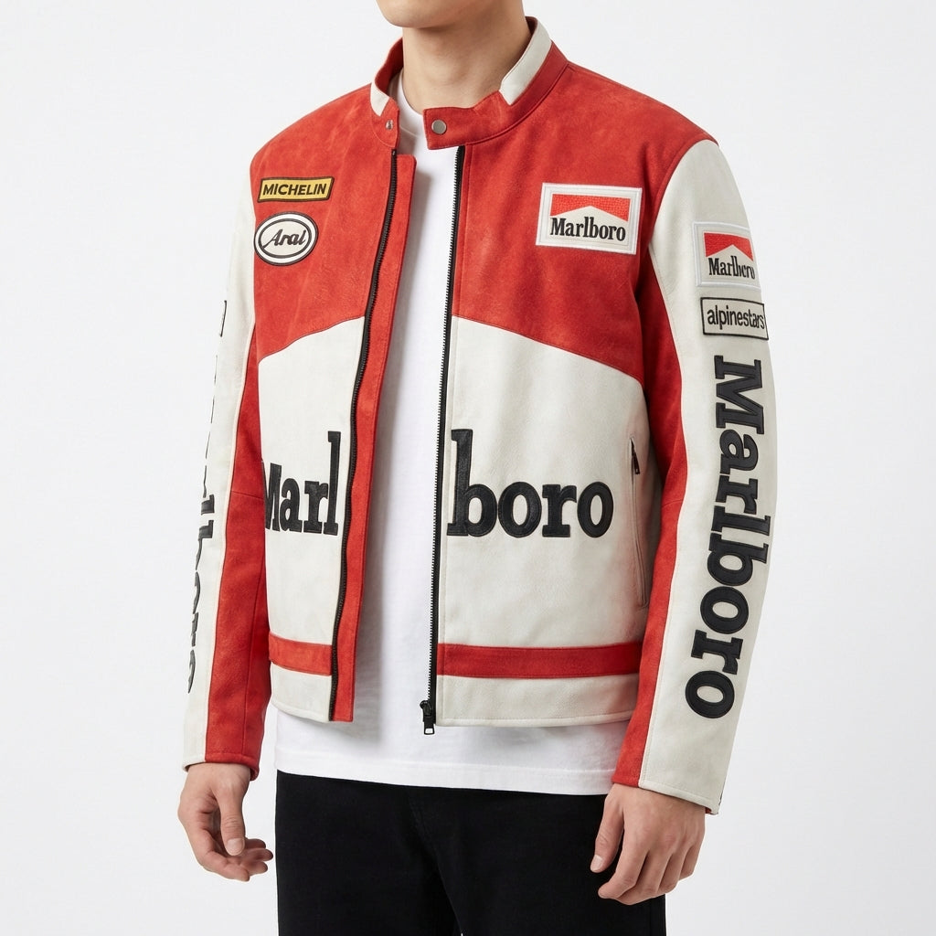 Chaqueta Marlboro Racing Color Block Roja Blanca | Cremallera frontal con logo parche estilo moto