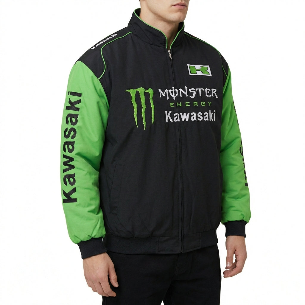 Chaqueta con cremallera del Equipo Kawasaki Monster Energy negra/verde | Bomber con logo del equipo Motocross