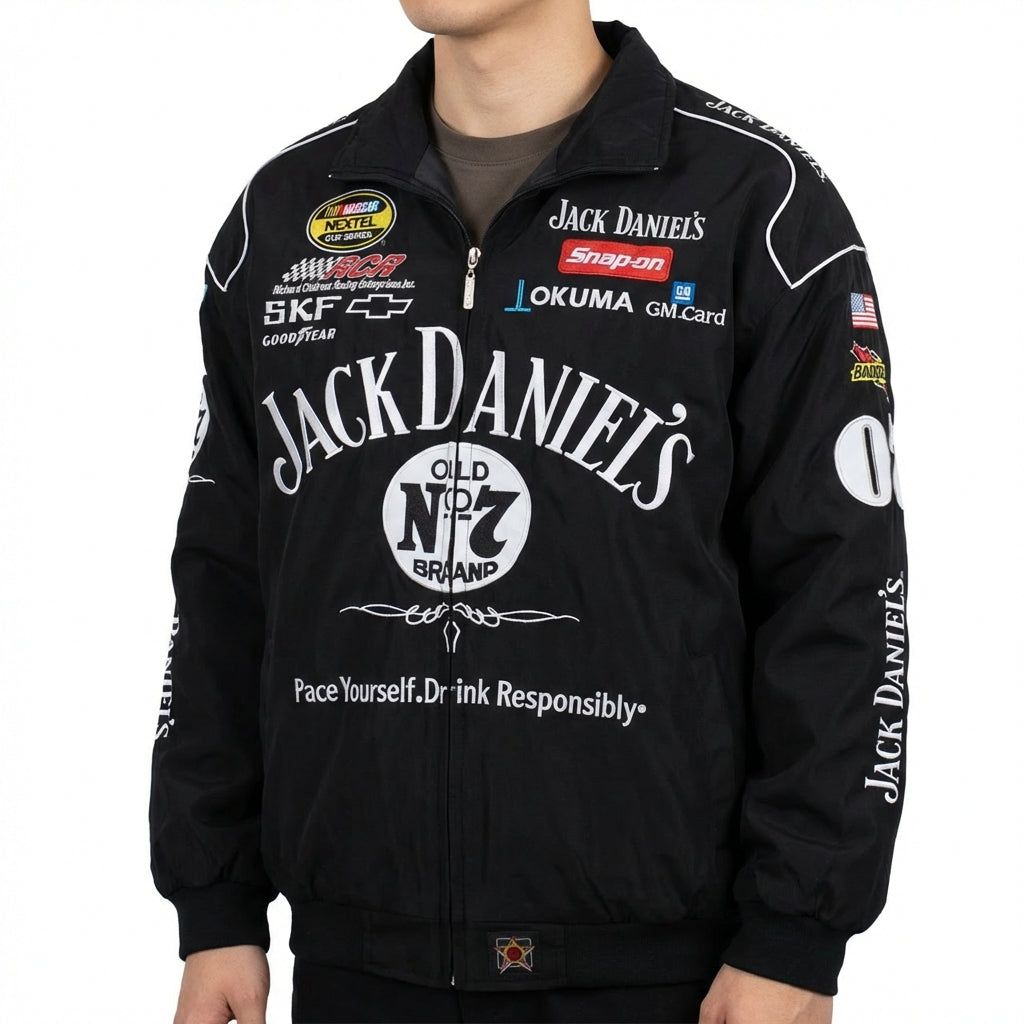 Chaqueta de Carreras Jack Daniel's Old No. 7 Negra | Cremallera completa con logos de patrocinadores NASCAR