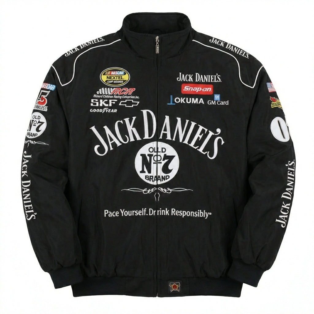Chaqueta de Carreras Jack Daniel's Old No. 7 Negra | Cremallera completa con logos de patrocinadores NASCAR