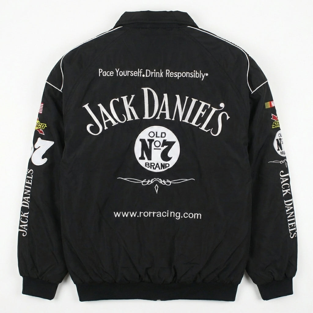 Chaqueta de Carreras Jack Daniel's Old No. 7 Negra | Cremallera completa con logos de patrocinadores NASCAR