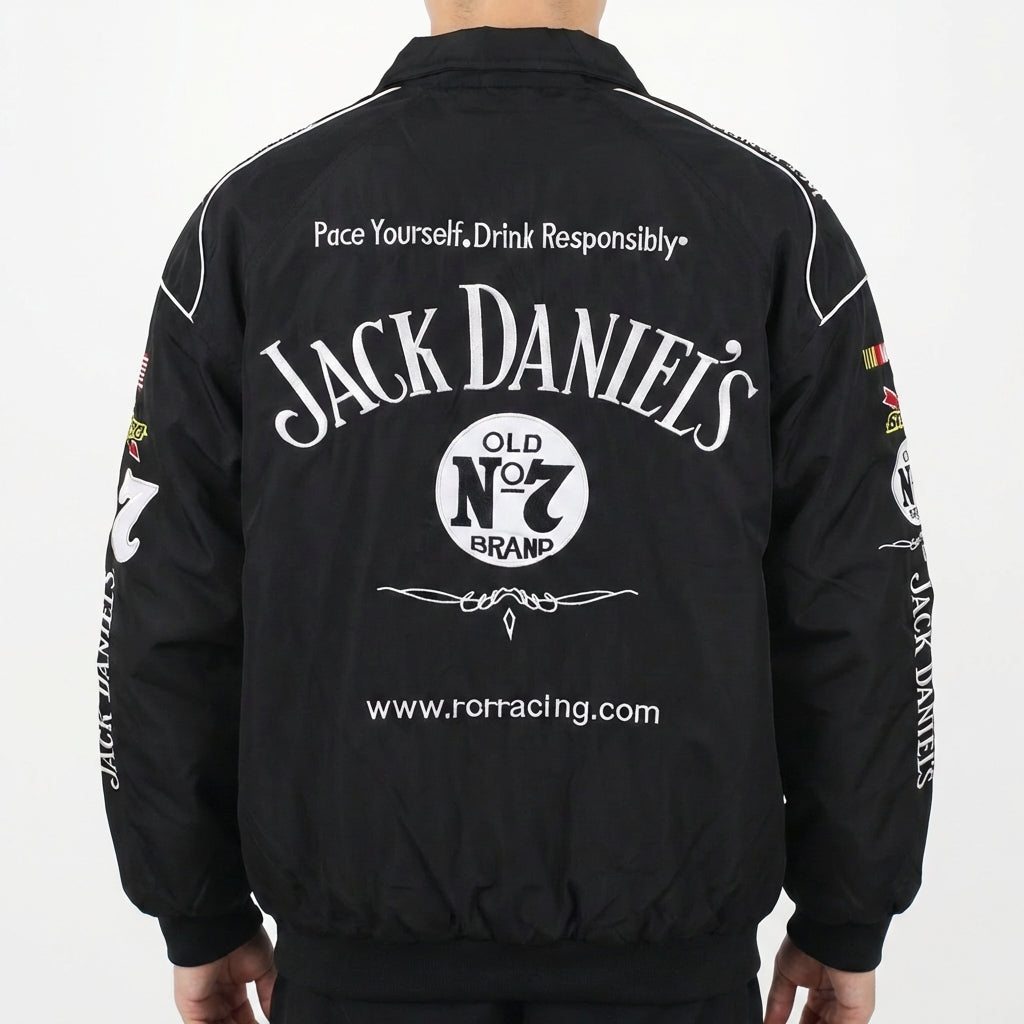 Chaqueta de Carreras Jack Daniel's Old No. 7 Negra | Cremallera completa con logos de patrocinadores NASCAR
