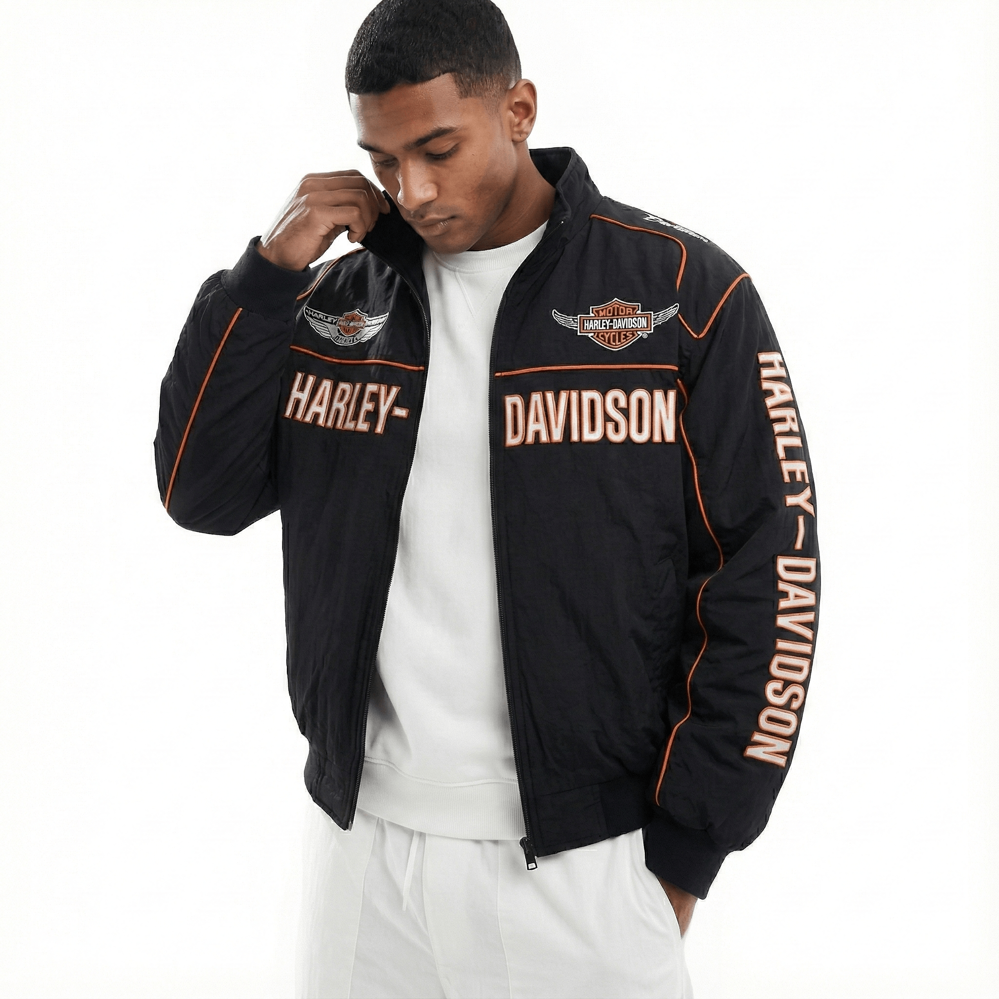 Chaqueta de Carreras Harley-Davidson negra bordada – Rompevientos vintage para motociclistas para hombre