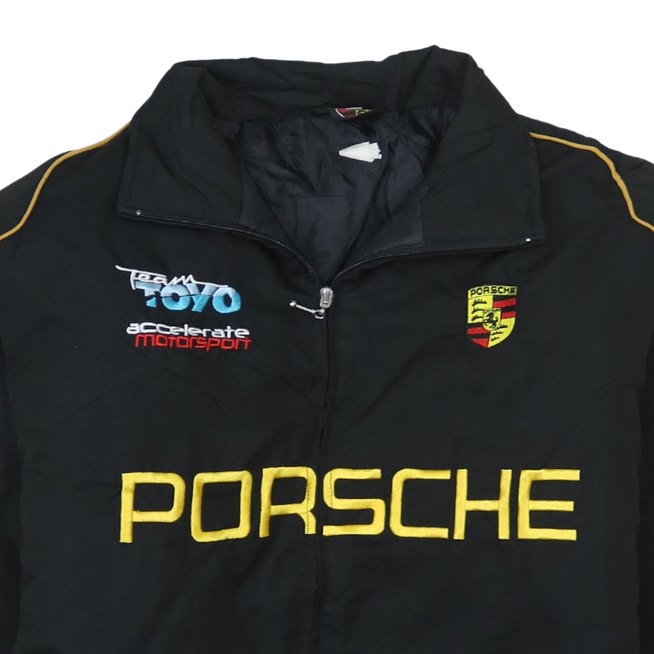 Chaqueta Nascar Porsche negra para hombre talla XLarge con logos bordados, cremallera frontal Prenda exterior de carreras