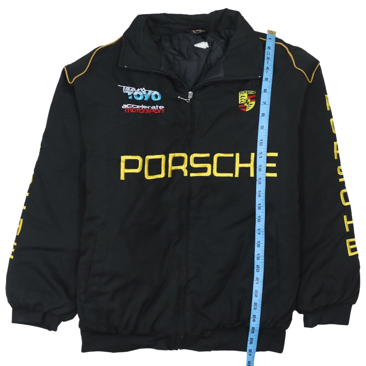 Chaqueta Nascar Porsche negra para hombre talla XLarge con logos bordados, cremallera frontal Prenda exterior de carreras