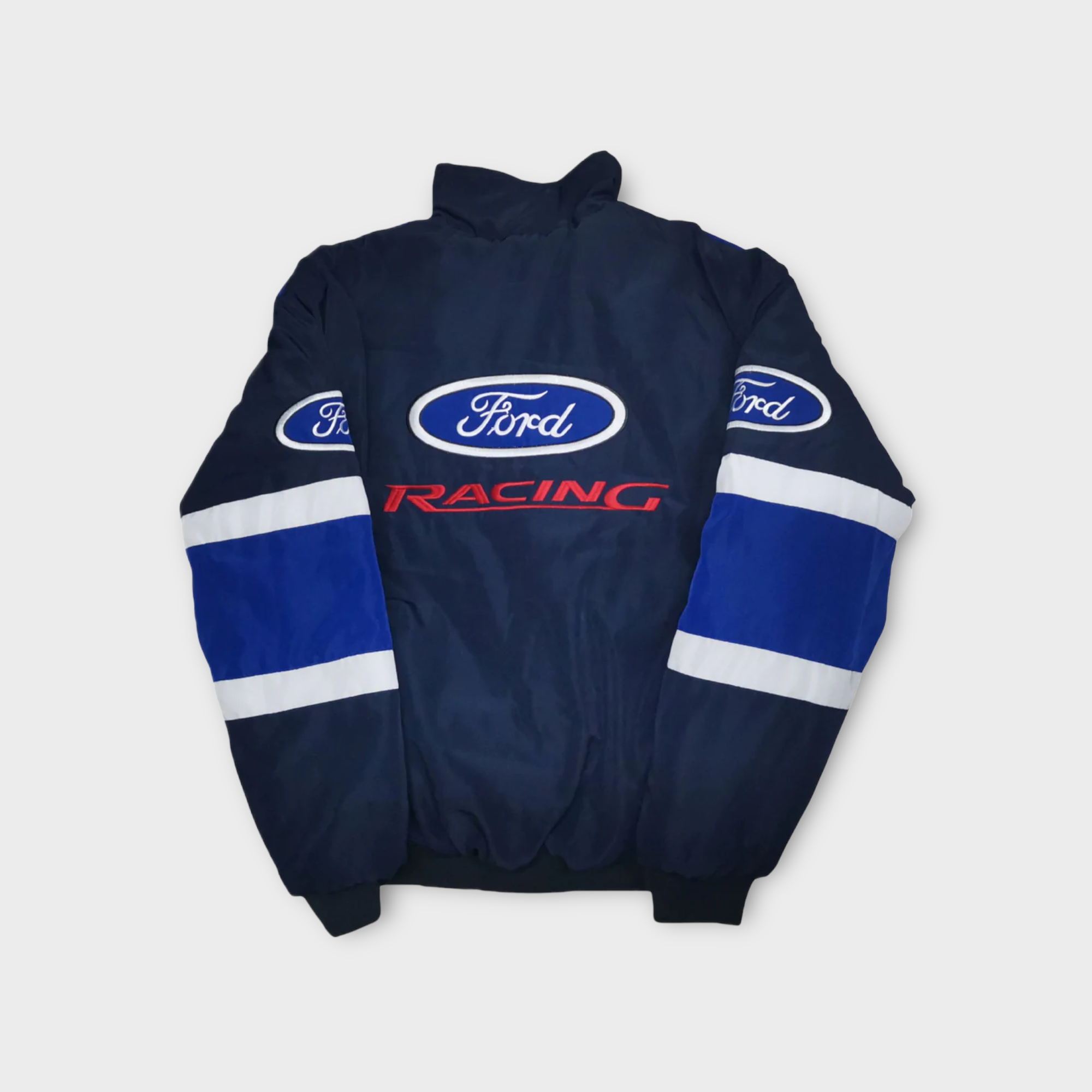 Chaqueta del Equipo de Carreras Ford – Abrigo vintage con cremallera azul y blanca