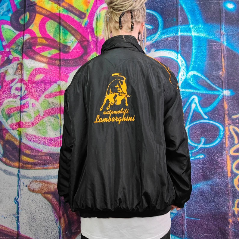 Chaqueta del Equipo de Carreras Lamborghini – Abrigo con cremallera Motorsport negro con logos bordados en dorado