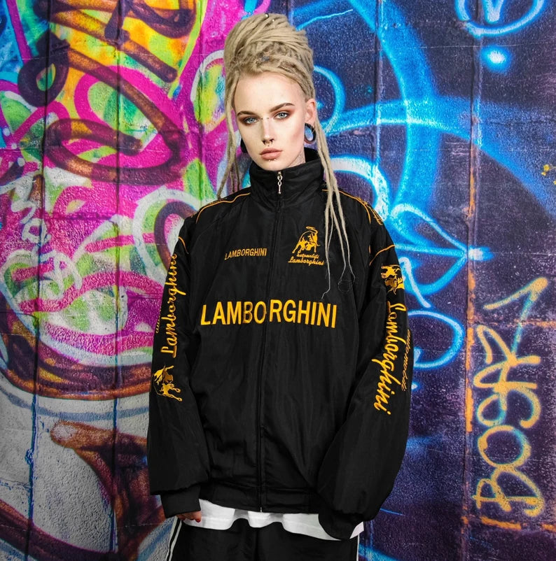 Chaqueta del Equipo de Carreras Lamborghini – Abrigo con cremallera Motorsport negro con logos bordados en dorado