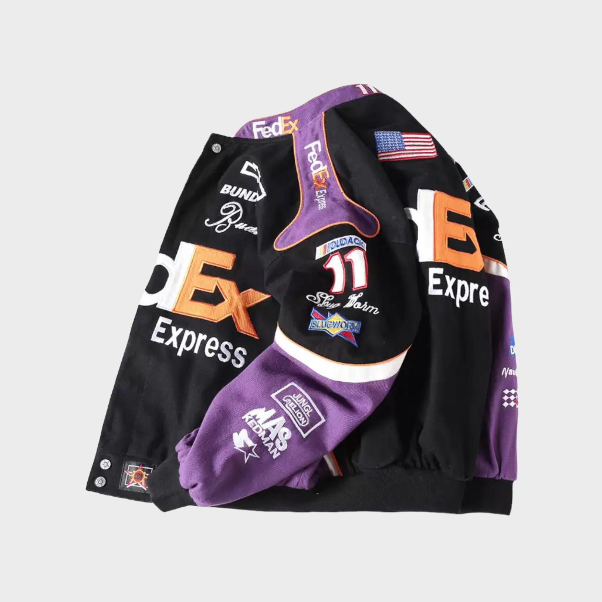 Chaqueta de Carreras FedEx Nascar – Abrigo Motorsport negro/púrpura bordado