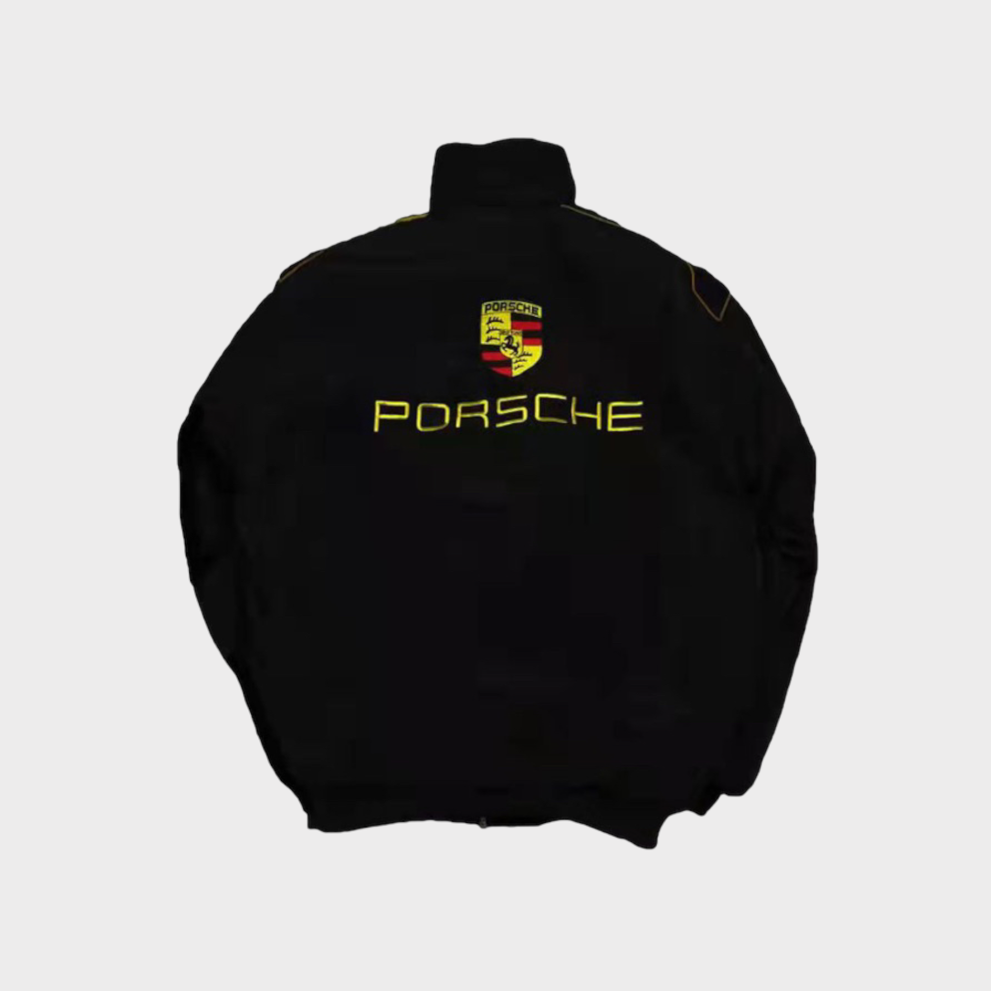 Chaqueta del Equipo de Carreras Porsche – Abrigo con cremallera Motorsport negro con logos bordados en amarillo