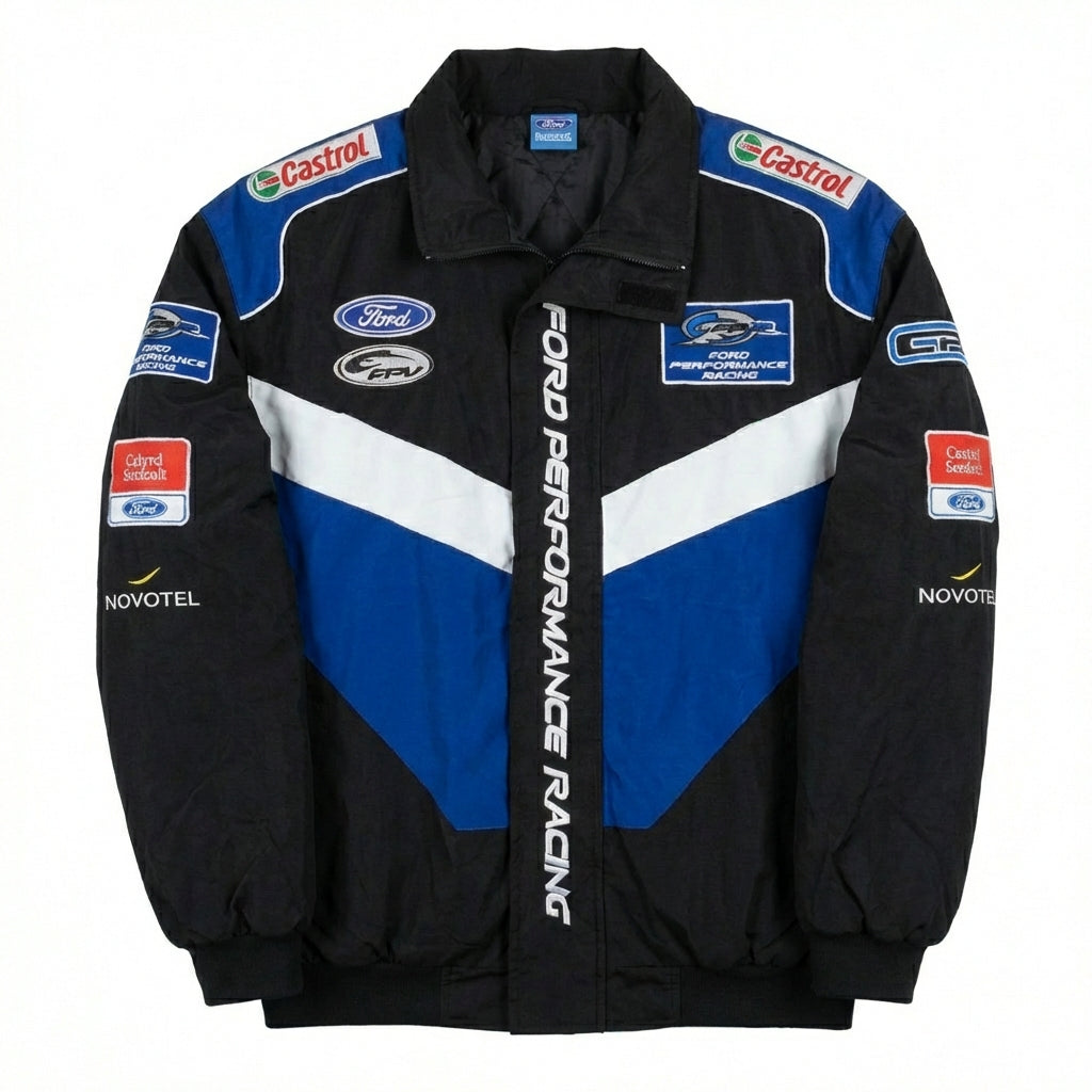 Chaqueta de Carreras Ford Performance bordada negra/azul | Prenda exterior del equipo Motorsport con cremallera frontal