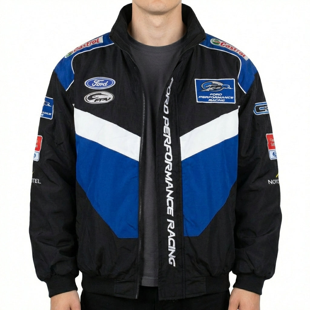 Chaqueta de Carreras Ford Performance bordada negra/azul | Prenda exterior del equipo Motorsport con cremallera frontal