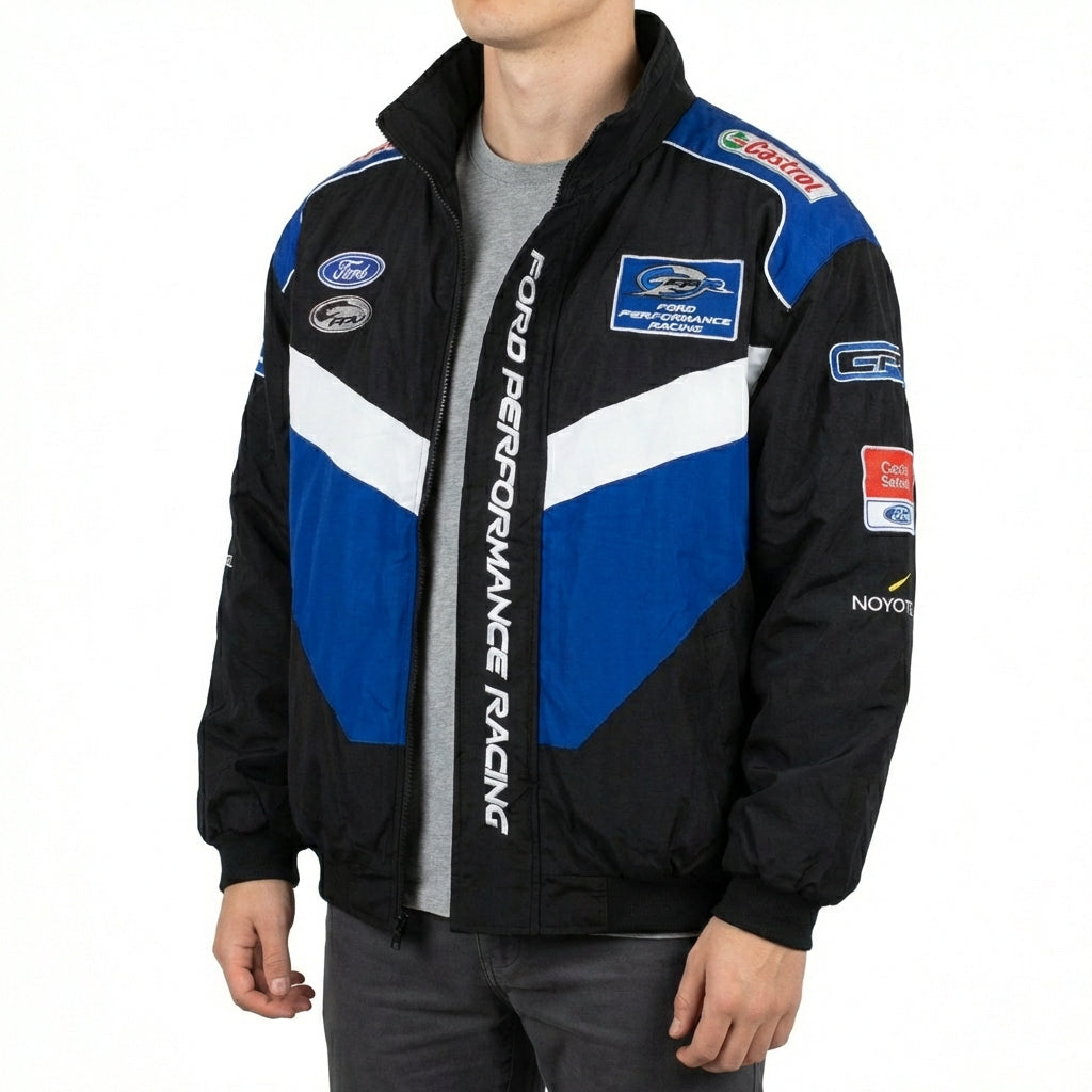 Chaqueta de Carreras Ford Performance bordada negra/azul | Prenda exterior del equipo Motorsport con cremallera frontal