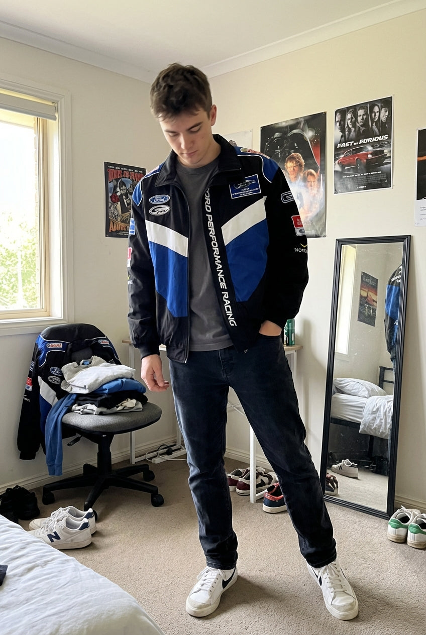 Chaqueta de Carreras Ford Performance bordada negra/azul | Prenda exterior del equipo Motorsport con cremallera frontal