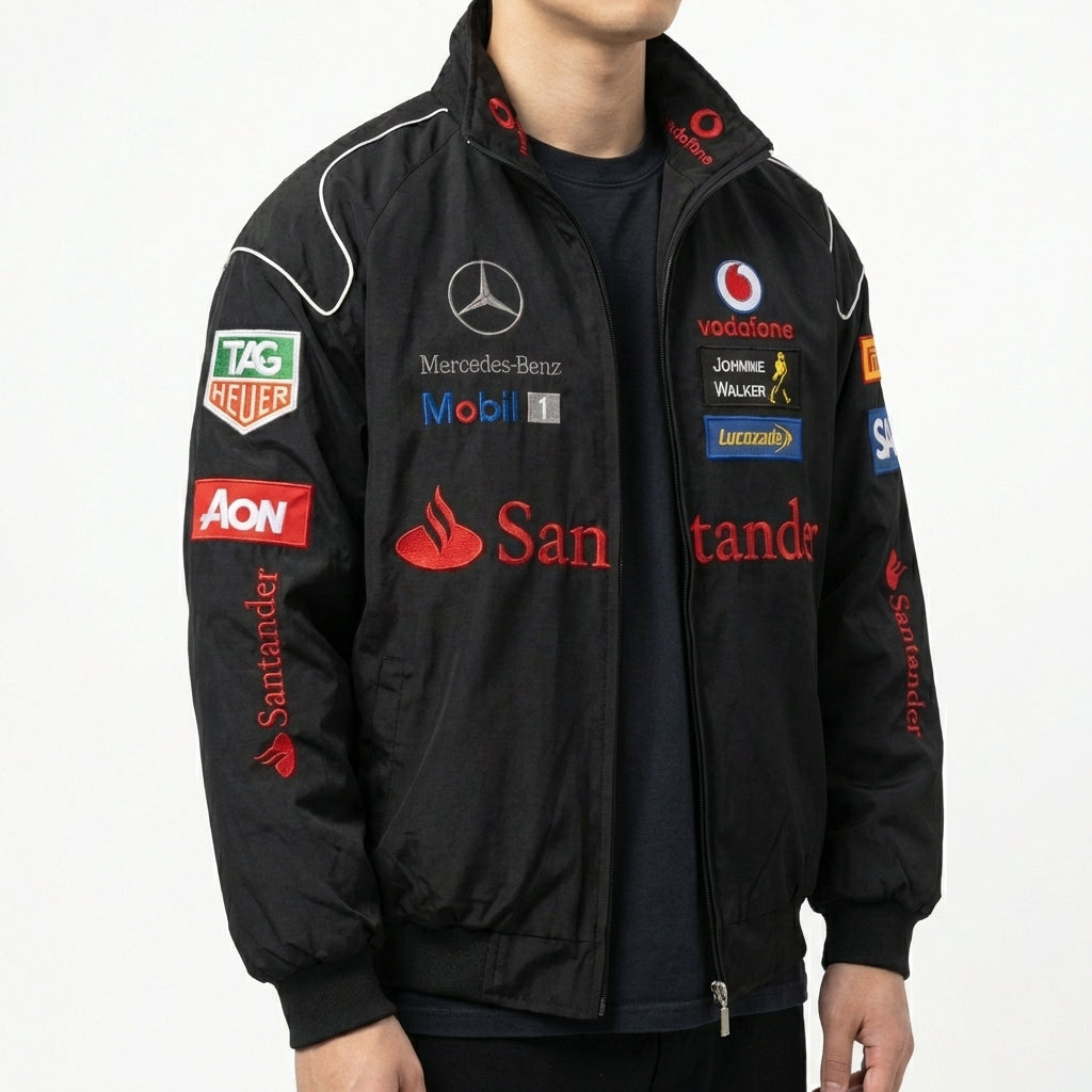 Chaqueta de Carreras Mercedes-Benz negra | Cremallera completa con cuello alto Motorsport