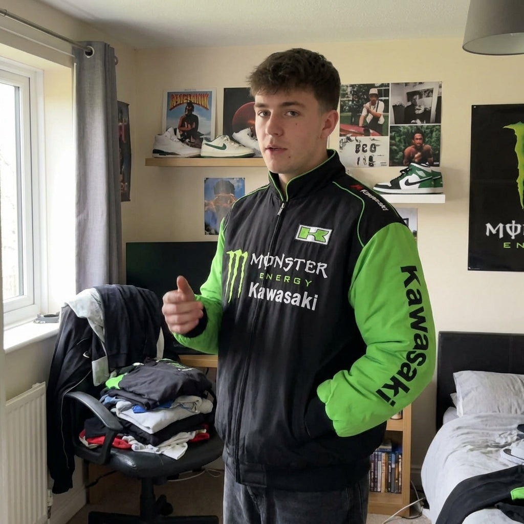 Chaqueta con cremallera del Equipo Kawasaki Monster Energy negra/verde | Bomber con logo del equipo Motocross