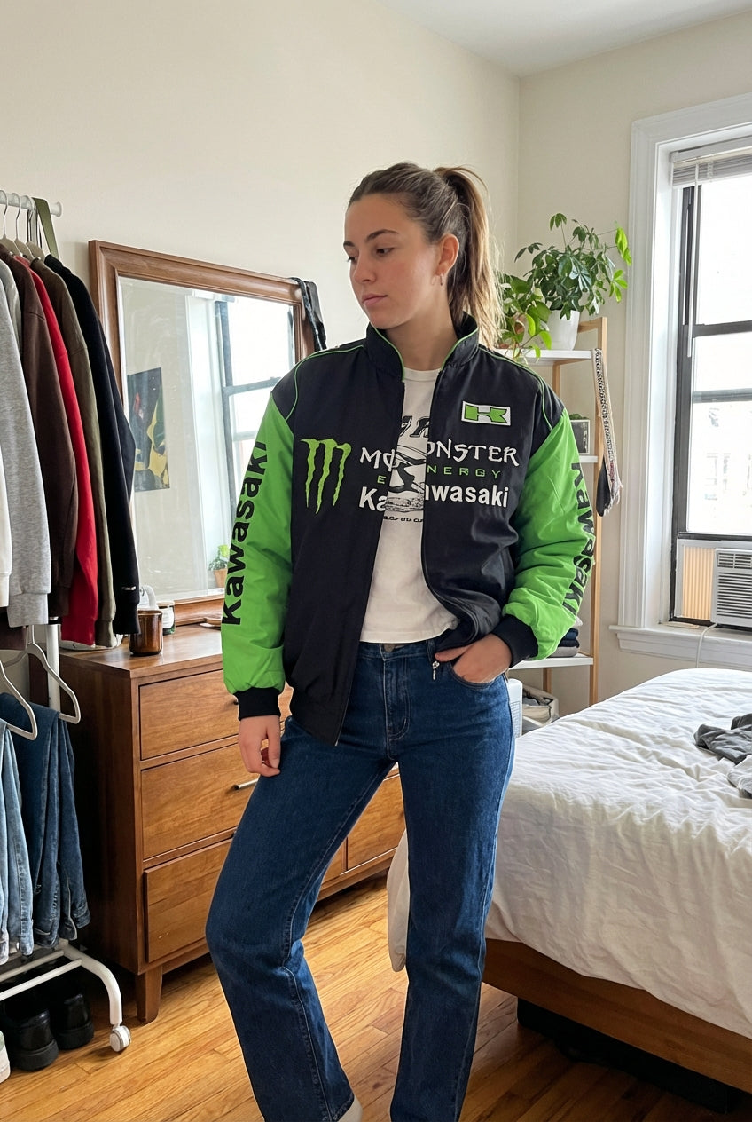 Chaqueta con cremallera del Equipo Kawasaki Monster Energy negra/verde | Bomber con logo del equipo Motocross